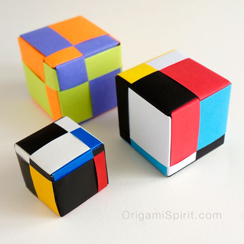 Mondrian Cube, a creation of Dave Mitchell. Origami folding by Leyla Torres.