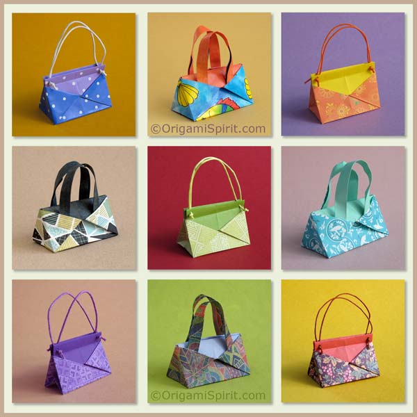 Nine colorful origami handbags