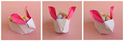Origami Easter basket in the shape of a rabbit.