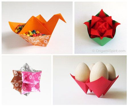 Origami bird, origami kusudama, origami rose and origami cootie catcher