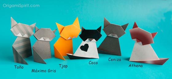 Six origami paper cats: Toño, Maximo Gris, Tjap, Coco, Ceniza, Athena