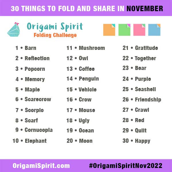 A list of origami folding prompts for Origami Spirit - November 2022