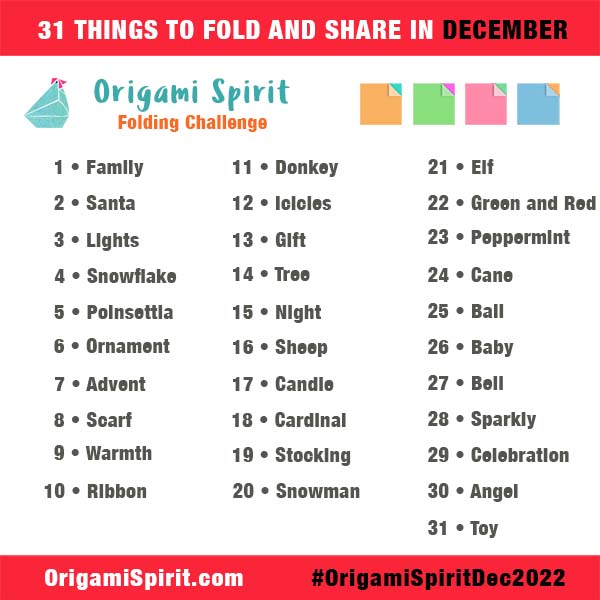 A list of Origami folding prompts for Origami Spirit -December 2022