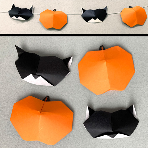 Origami Model of a cat face and pumpkin garland designed by Leyla Torres