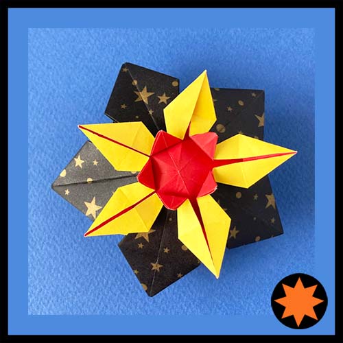 An Origami model titled "Eternal Flame Container -Petagonal." A design of Leyla Torres.