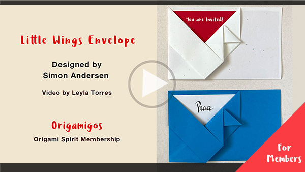 An origami model titled "Little Wing Envelope" designed by Simon Anderson