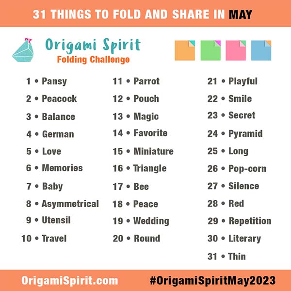 Origami Folding Prompts - 31 suggestions fo things to fold in May. One per day.