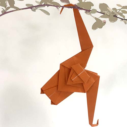 An Origami model titled "Origami Monkey" A design of Tomoko Fuse.