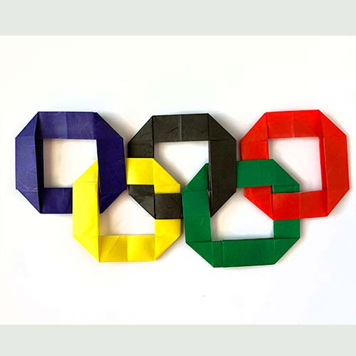 An Origami model titled "Olympic Rings" A model design of Leyla Torres.