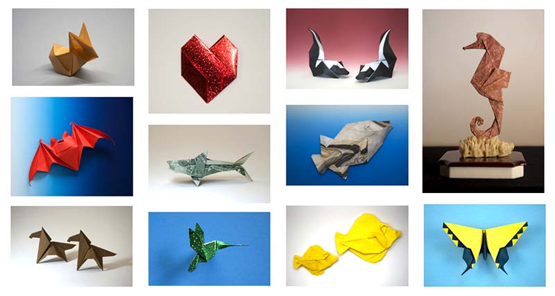 Modelos de origami creados por Michael LaFosse: Conejo de origami, murciélago de origami, mofeta de origami, caballito de mar de origami, pez de origami, mariposa de origami.  